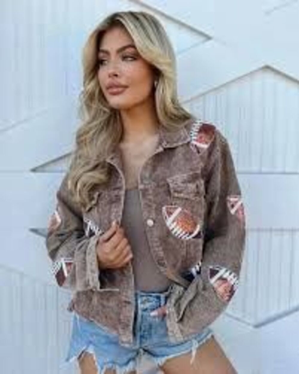Brown Sequined Football Corduroy Cropped Jacket Sz L
